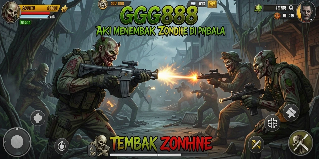 Tampilan antarmuka GGG888 saat melawan zombie dengan senjata.