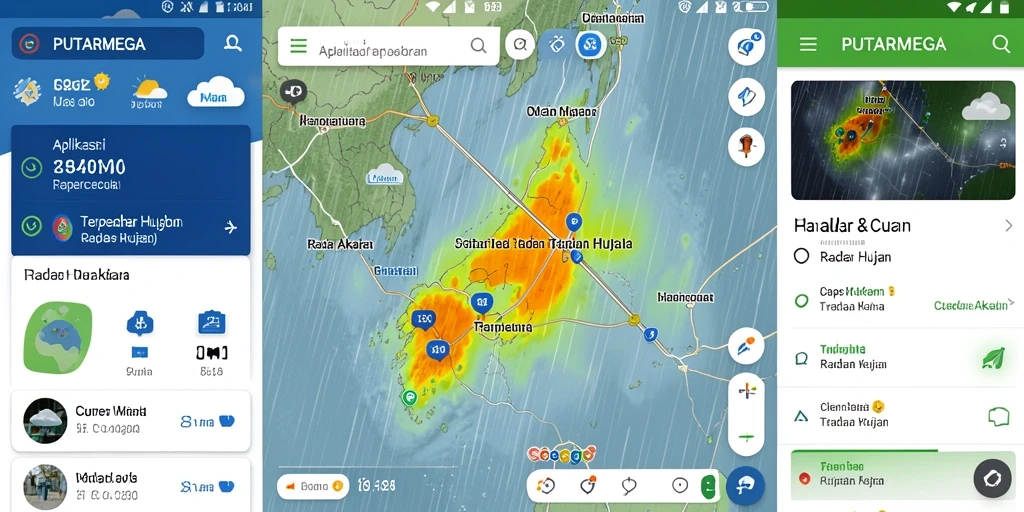 Tampilan antarmuka pengguna aplikasi PUTARMEGA dengan radar hujan.